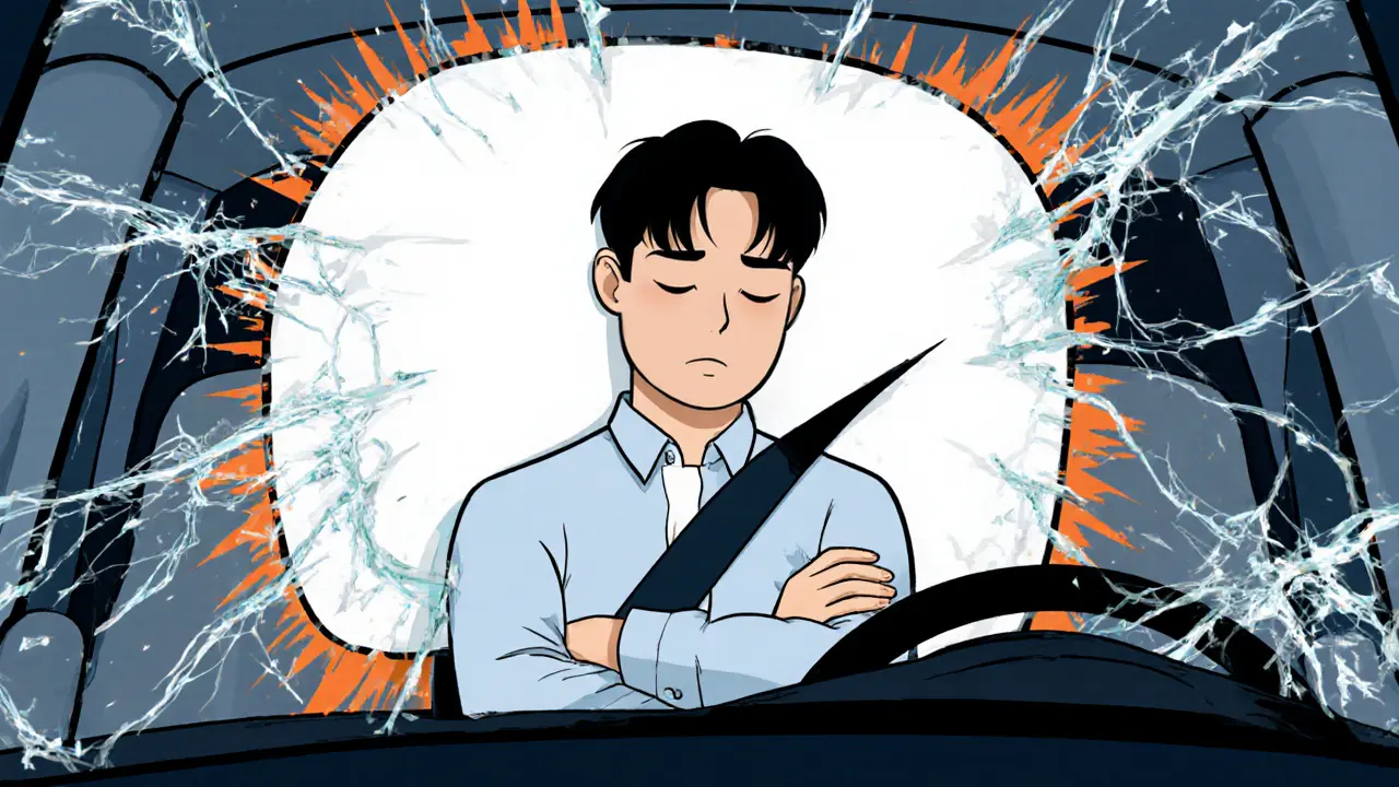 Пассажир на переднем сиденье с руками, скрещёнными на груди, во время срабатывания подушки безопасности.