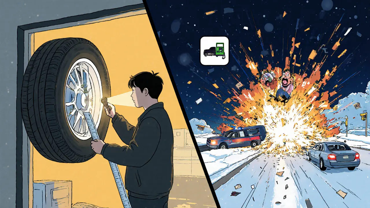 Разделённая сцена: человек проверяет шину и та же шина взрывается на ледяной дороге ночью.