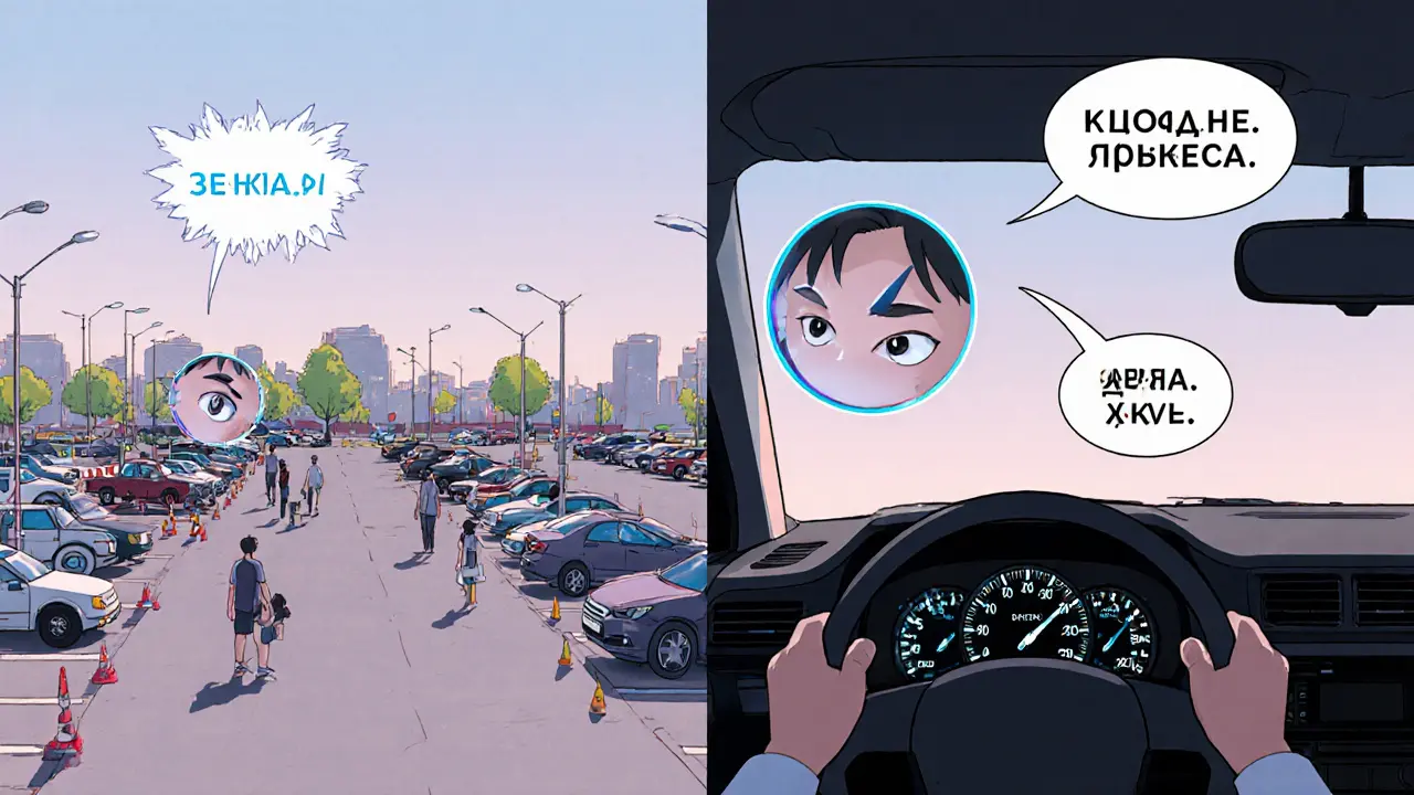 Разделенная сцена: реальный паркинг слева, вид водителя справа с зеркалами и надписями &#039;Зеркала. Голова. Медленно&#039;.