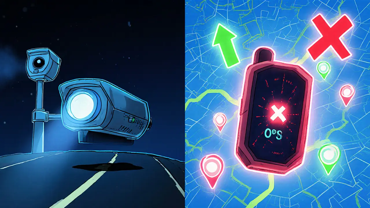 Разделённый экран: полицейская камера и GPS-детектор с картой, показывающей местоположение камер на дороге.