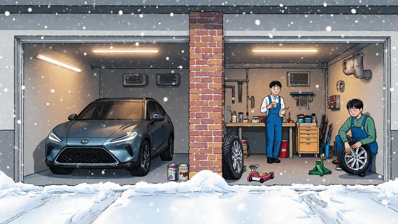 Разделённый гараж: одна сторона — парковка, другая — мастерская с верстаком и инструментами.