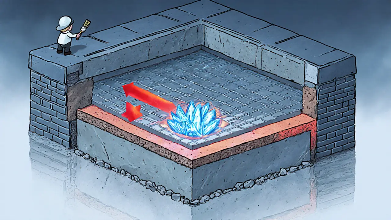 Разрез смотровой ямы с видимыми слоями гидроизоляции и кристаллической структурой в бетоне.