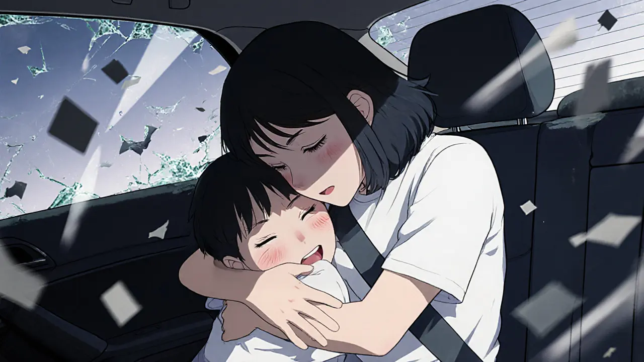 Родитель обнимает ребёнка в заднем сиденье, защищая его от удара при аварии.