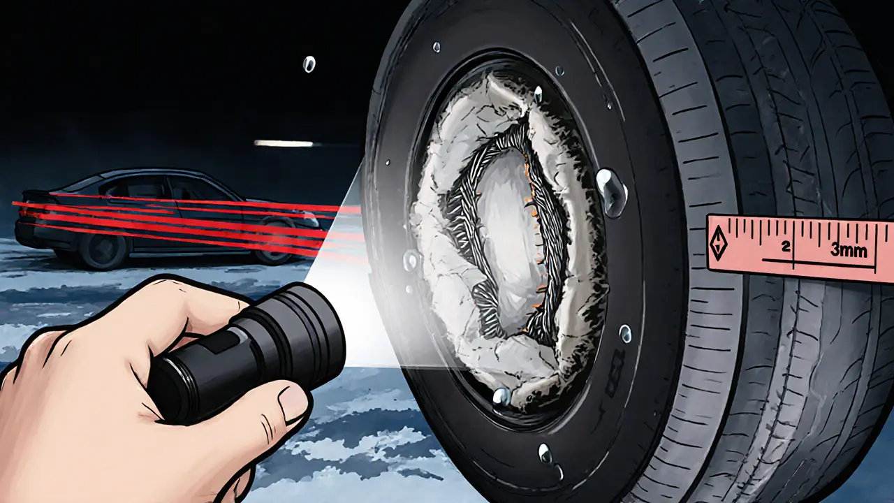 Рукой осматривается грыжа на шине — видны разорванные нити каркаса под тонкой резиной.