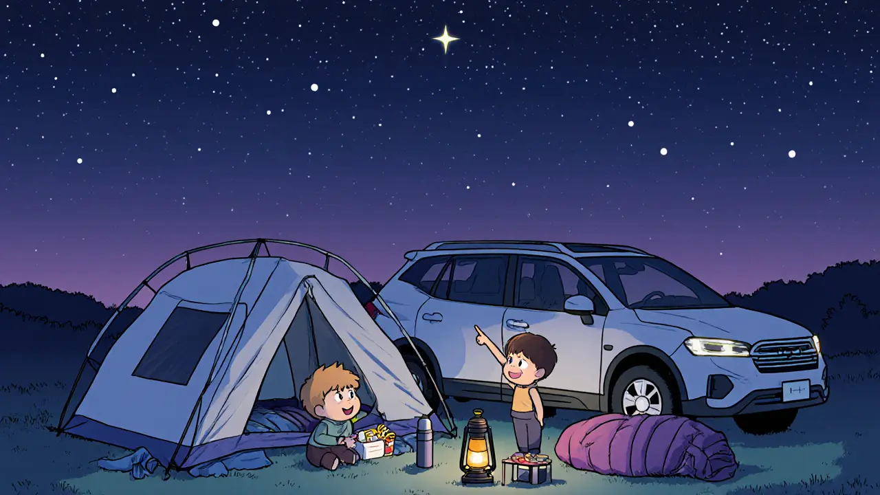 Семья ночует у машины под звёздами: палатка, спальные мешки и термос на столике.