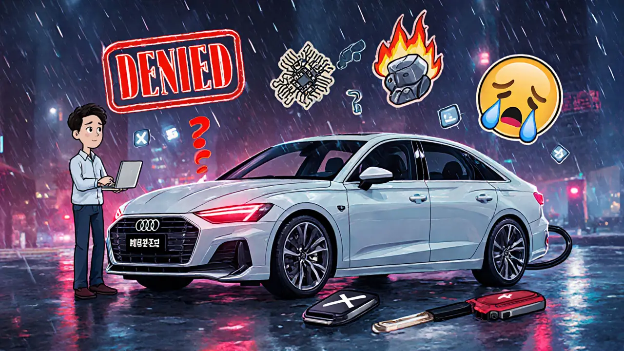 Современная машина с красной ошибкой, человек с ноутбуком, ключ беспомощно лежит на земле.