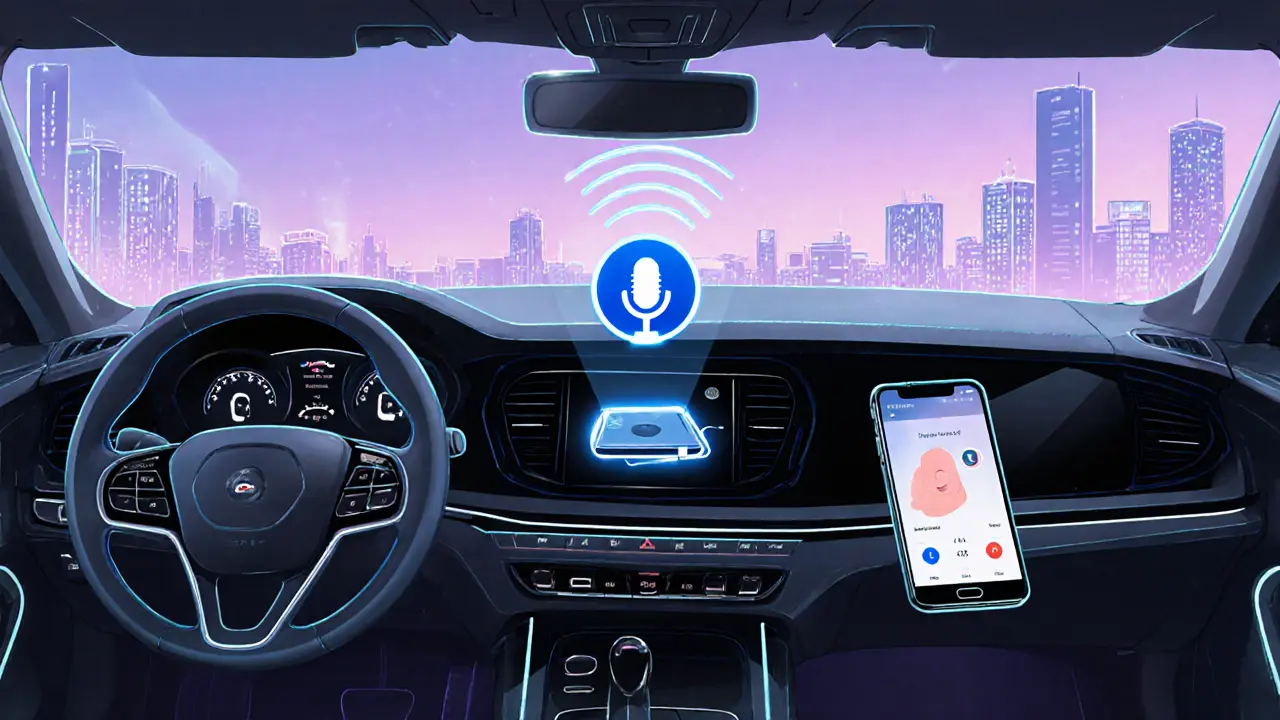 Современный Bluetooth-адаптер с беспроводной зарядкой и двойным подключением в салоне старой машины.