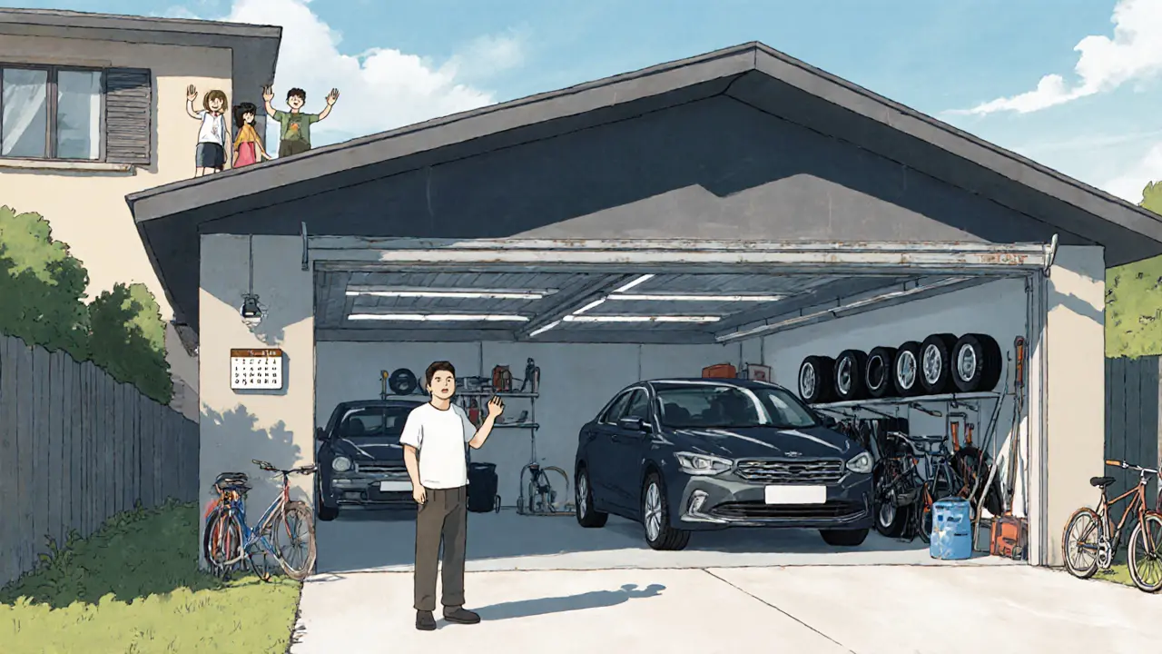 Современный гараж 6x12 м с автоматическими воротами, хранение шин и инвентаря, семья на фоне дома.