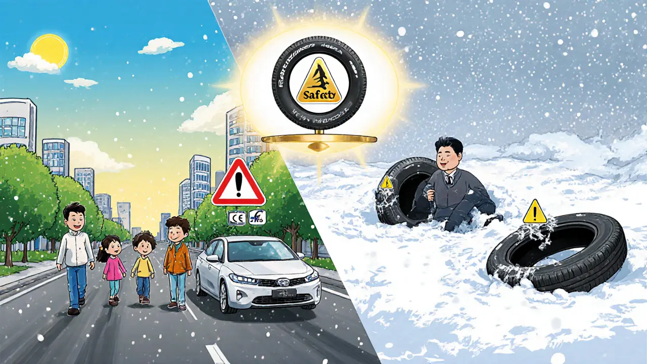 Сравнение: семья едет по городу на надежных китайских шинах слева, справа — водитель в бедствии на льду с разрушенной шиной.