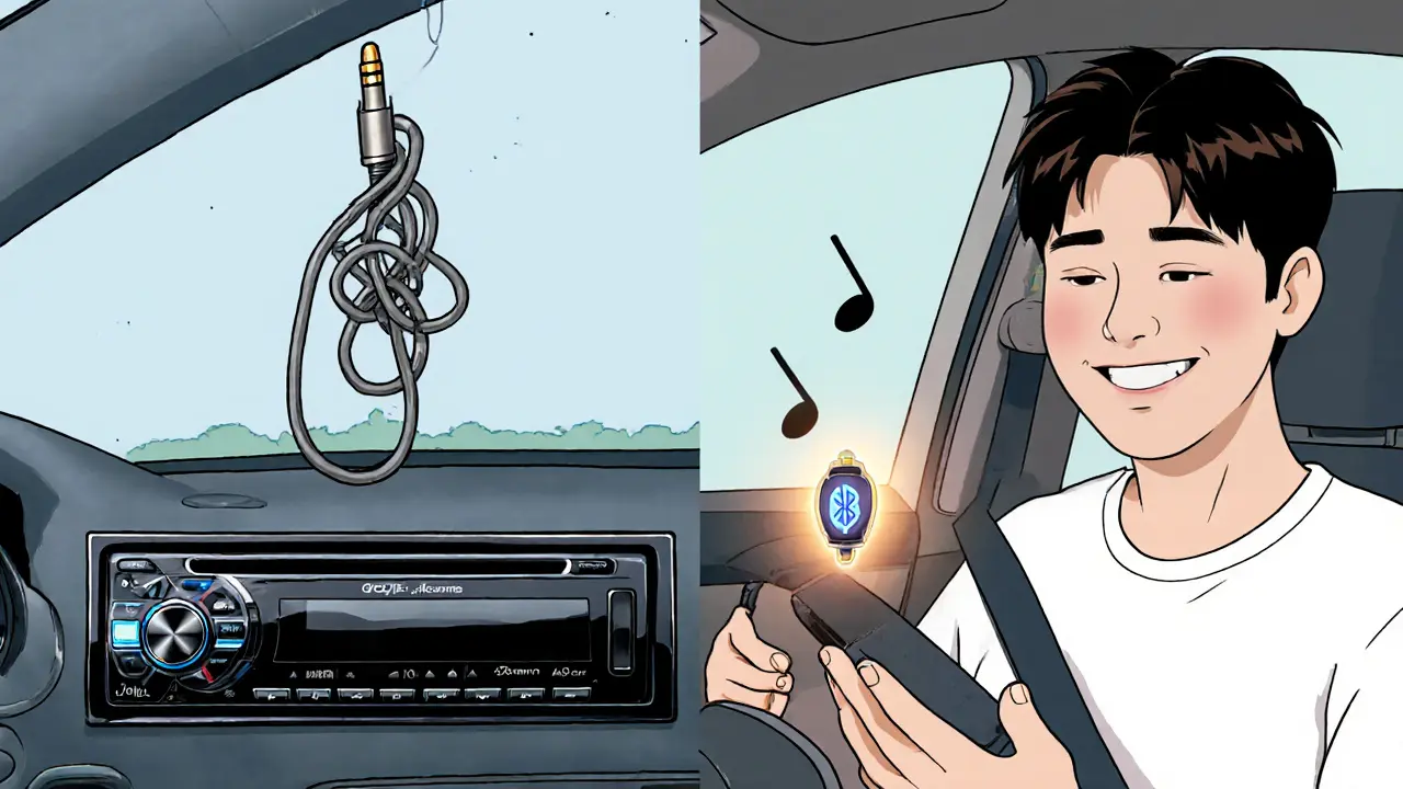 Сравнение: запутанный AUX-кабель слева и беспроводной адаптер справа с улыбающимся водителем.