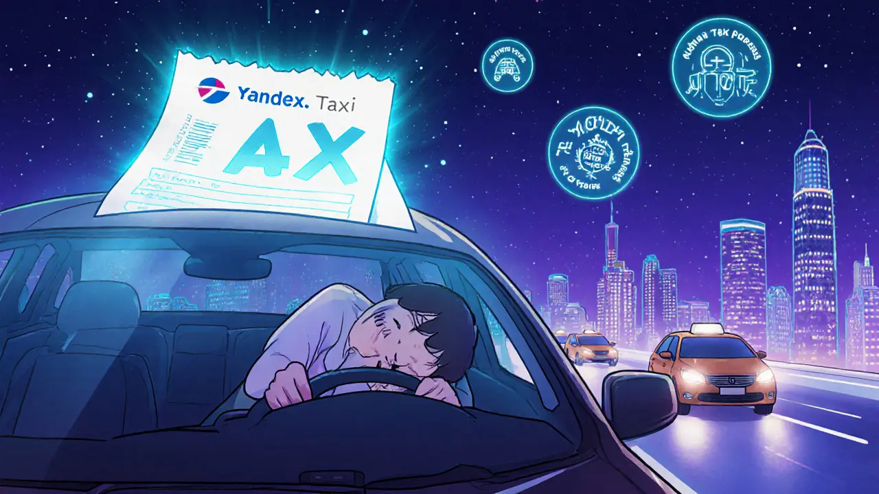 Такси 2025 года автоматически платит налоги, водитель спит, а город светится цифровыми налоговыми индикаторами.