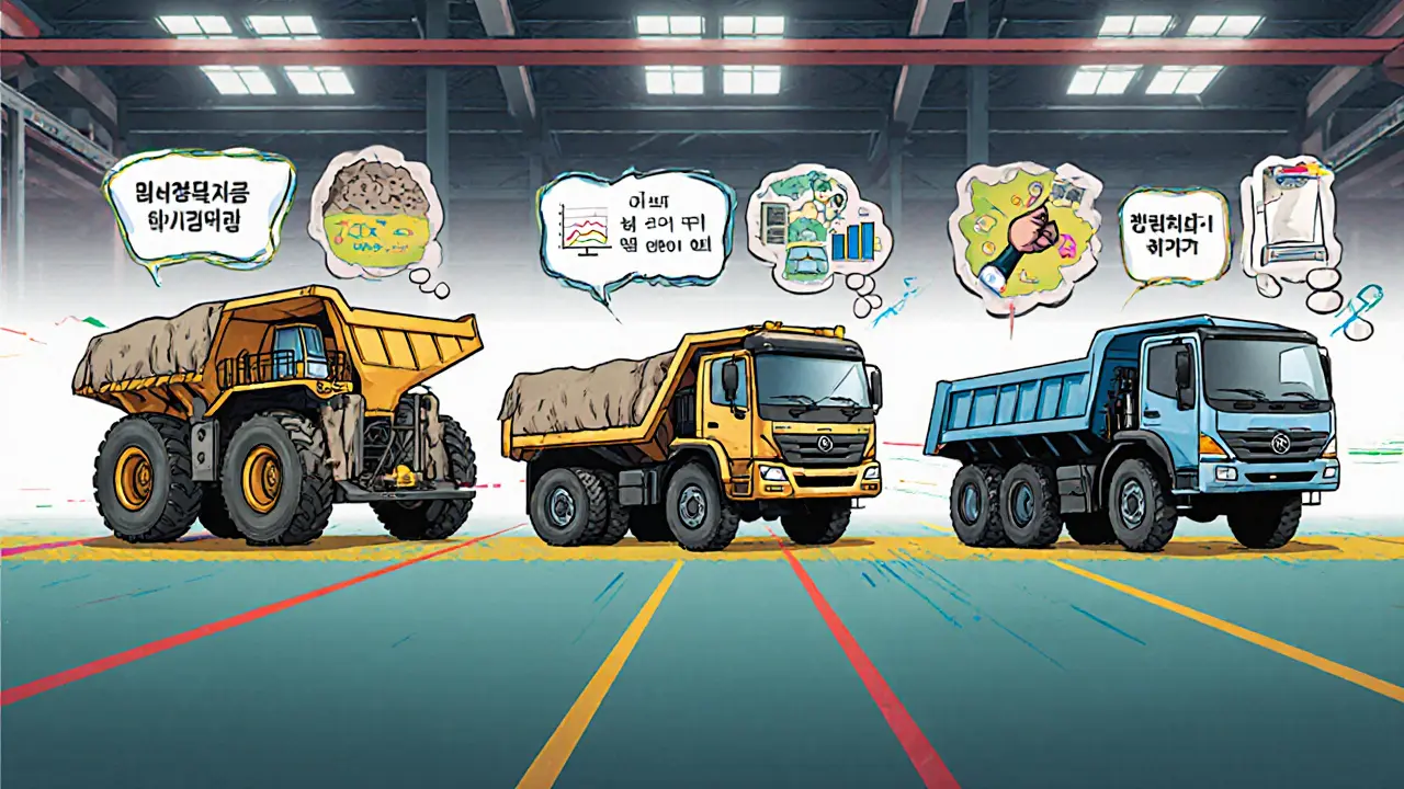 Три типа самосвалов — карьерный, строительный и городской — сравниваются в мастерской с визуальными подсказками.