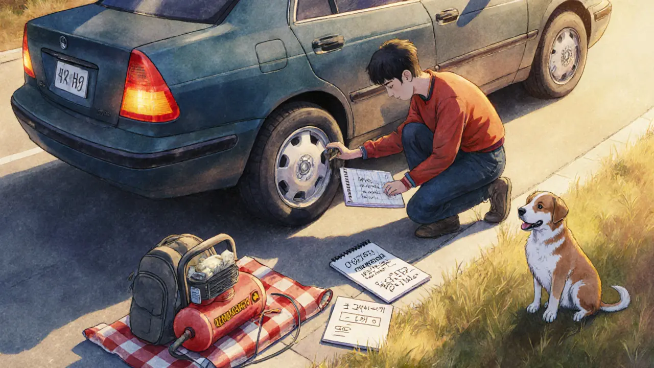 Водитель меняет колесо на обочине: рядом компрессор, блокнот с номерами и собака.