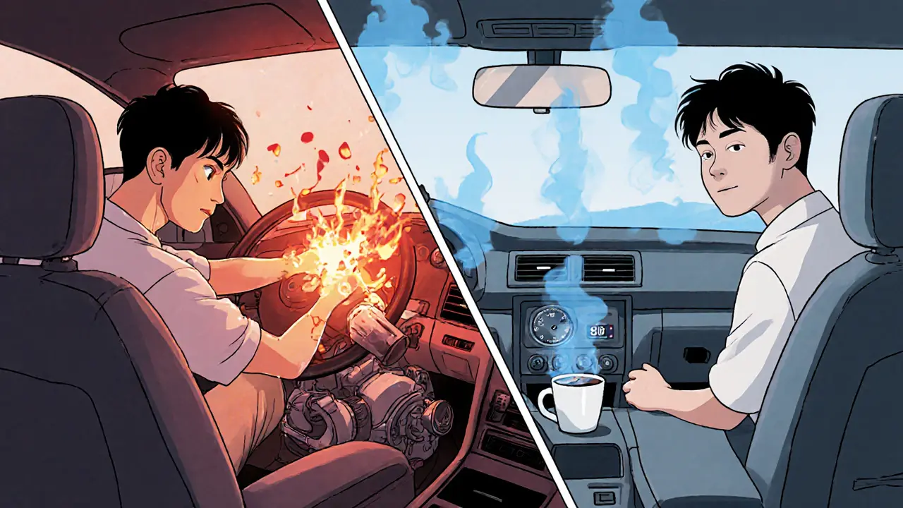 Водитель спокойно ждёт на холостых, турбина охлаждается синим паром.