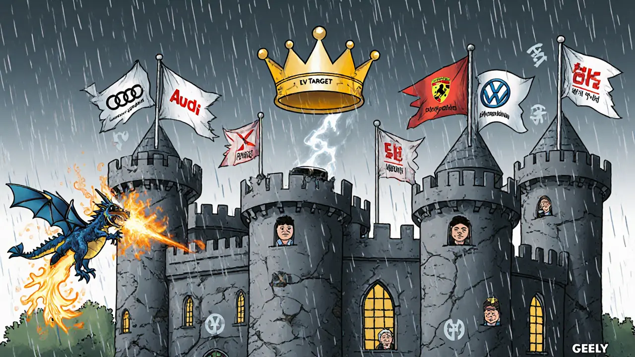 Volkswagen castle crumbling under electric dragon's fire, EV crown cracking above