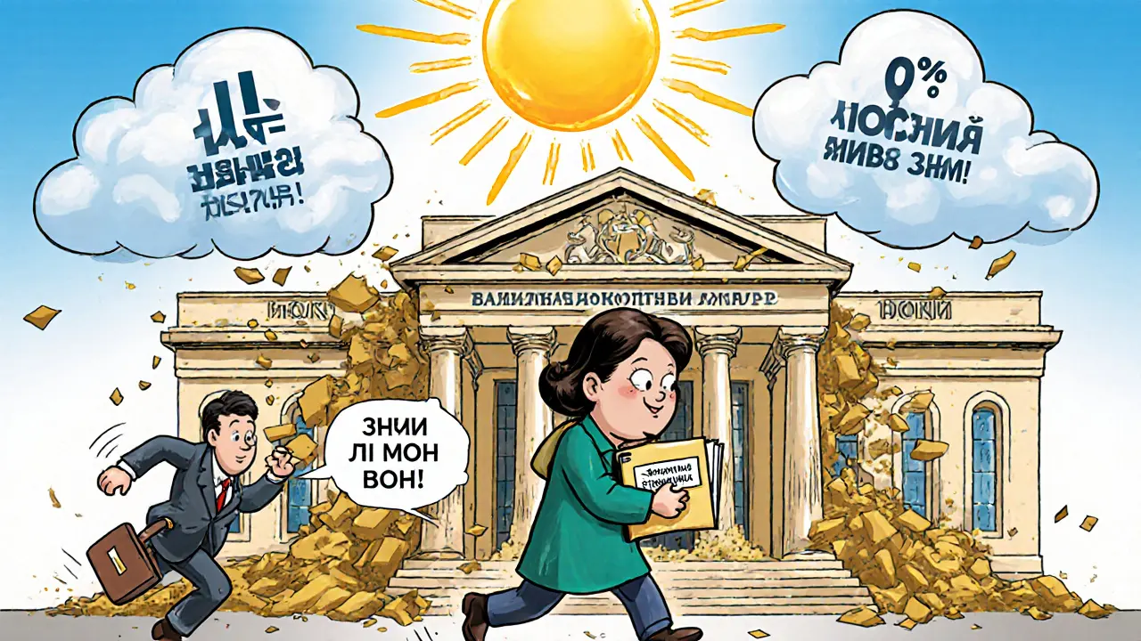 Женщина подаёт жалобу в суд, банк рушится, надпись &#039;Суд в мою пользу!&#039;