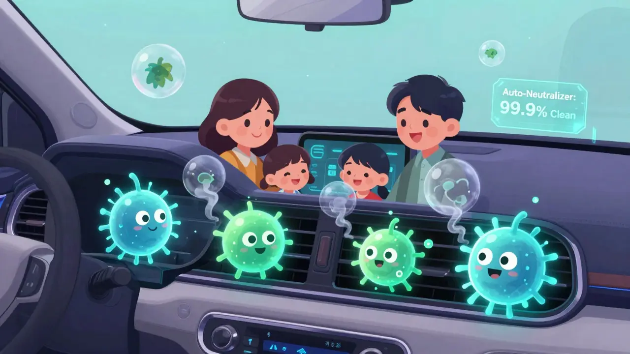 Будущий автомобиль с живыми фильтрами, которые поглощают запахи, как добрые бактерии в стиле вебтона.