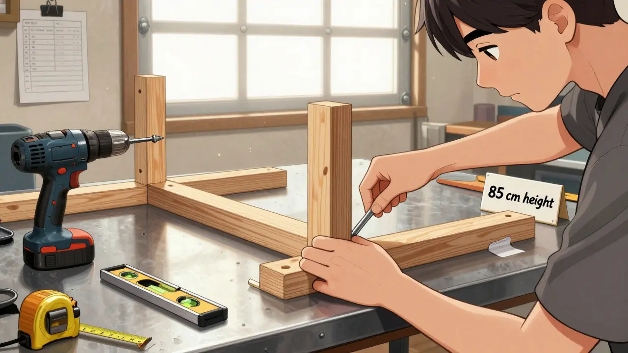 Человек собирает самодельный верстак из фанеры и стали с инструментами и измерительными приборами.