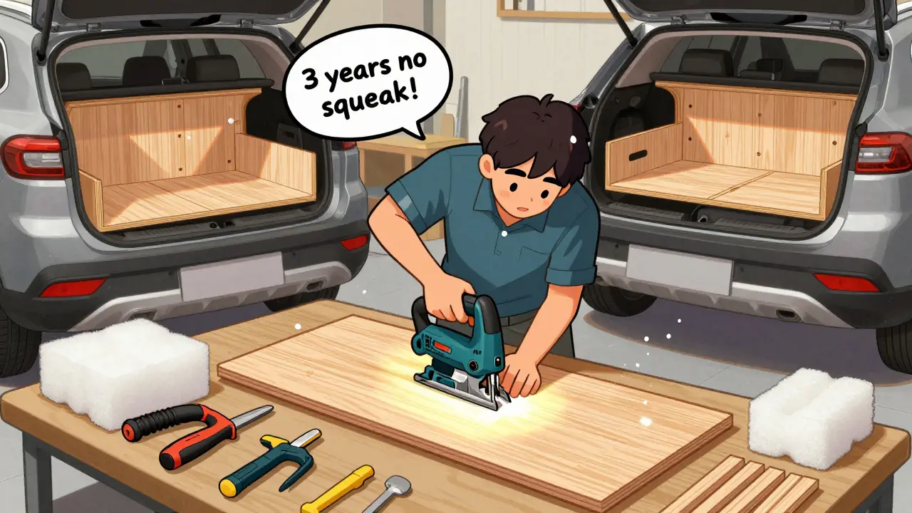 Человек вырезает деревянный органайзер для багажника на верстаке с инструментами.