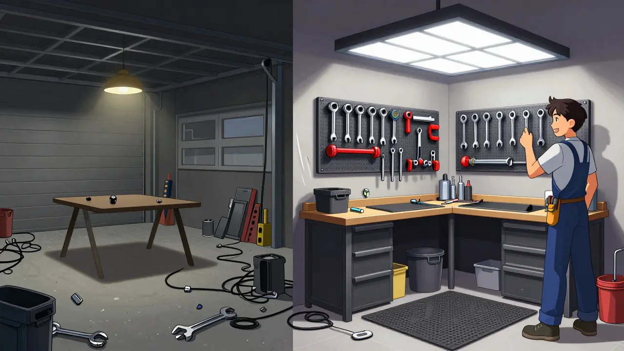До и после: хаотичный гараж слева, упорядоченная мастерская справа с идеально размещёнными инструментами.
