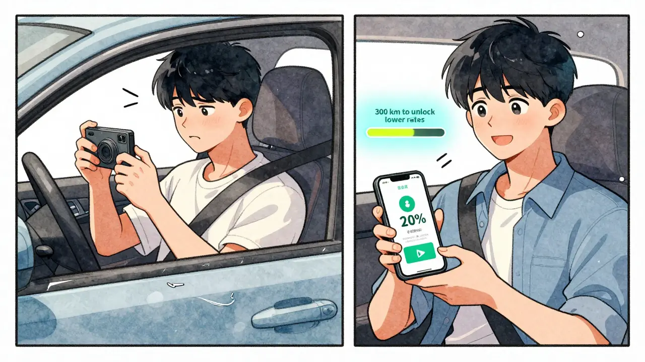 Два сценария: новичок фотографирует царапины и потом получает скидку за аккуратную езду.