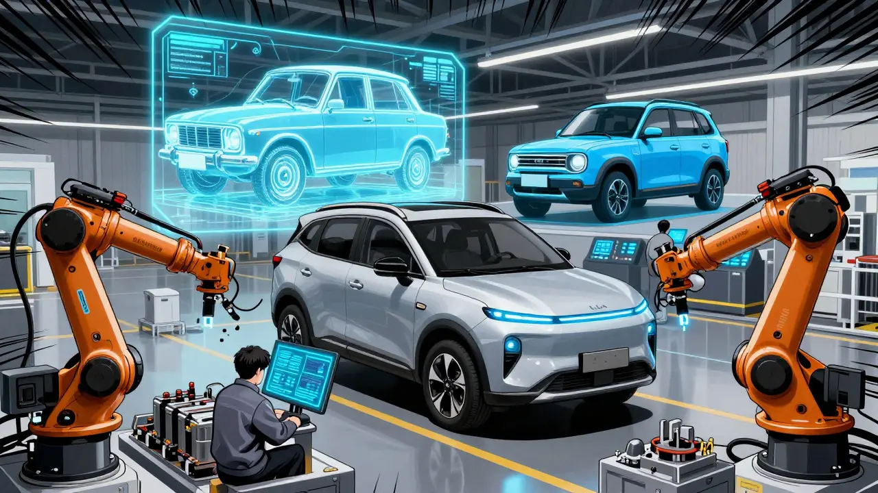 Электрическая Lada Niva 2025 года заряжается в современном российском цеху с роботами.