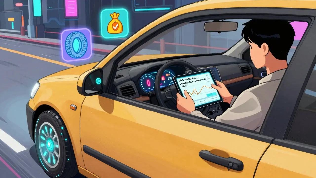Футуристическая шина с датчиками износа и данными на экране такси, символизирующая технологии 2026 года.