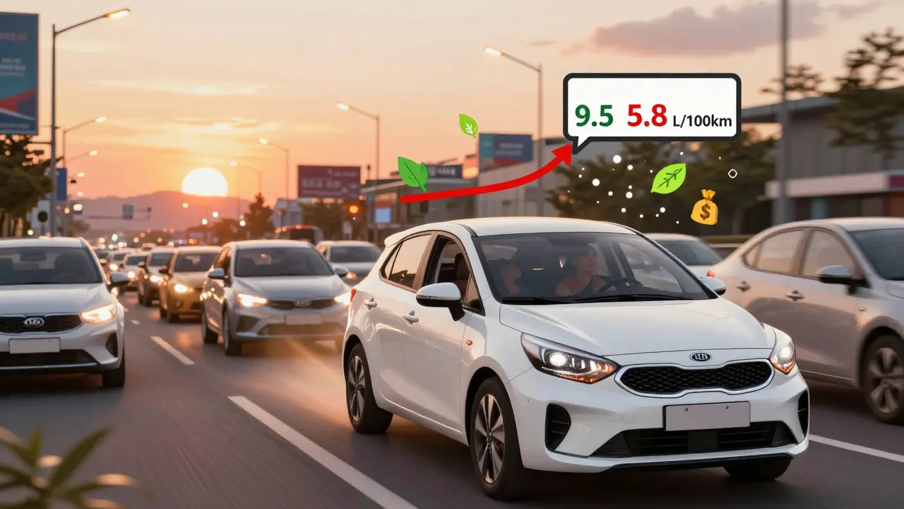 Гибридный Kia Rio едет в пробке, его расход топлива падает, а пассажиры спокойны — городской пейзаж на закате.