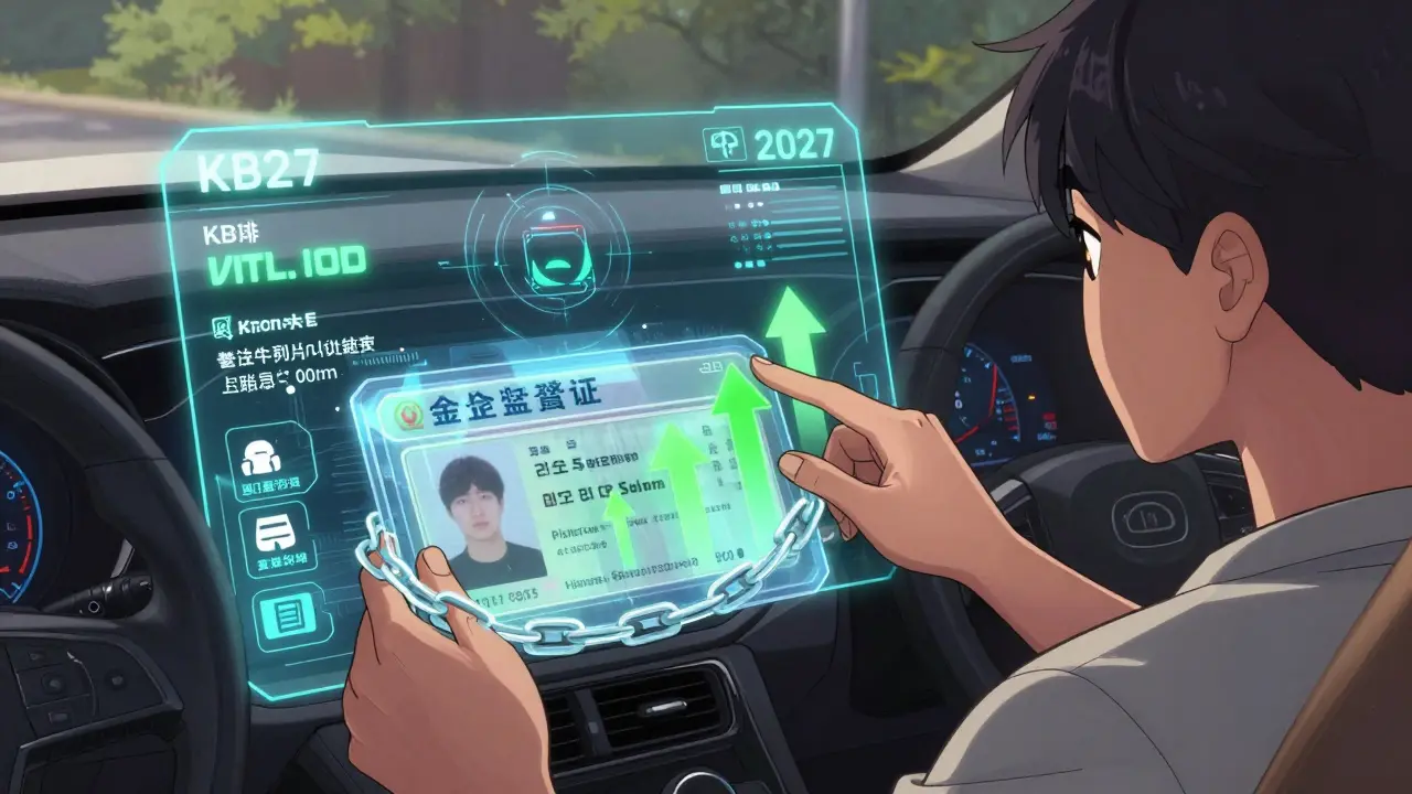 Голографический экран автомобиля показывает реальное время КБМ, влияние стиля вождения и блокчейн-цепочку истории страхования.