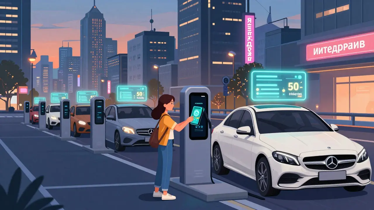 Городской пейзаж с автостоянкой, где водители возвращают машины и получают награды за поездки.