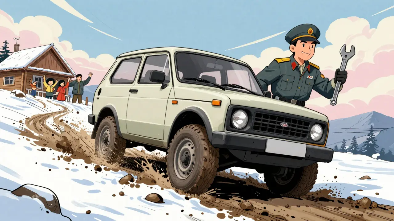 Lada Niva 1977 года преодолевает снежный холм, механик с гаечным ключом вручную помогает.