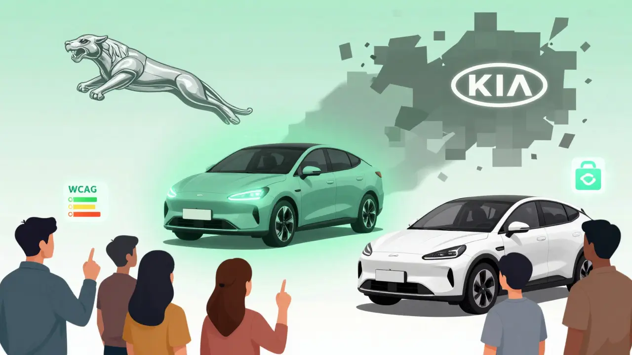 Логотип Kia светится зеленым, китайский значок ярче, Jaguar тает в пикселях, покупатели одобряют изменения.