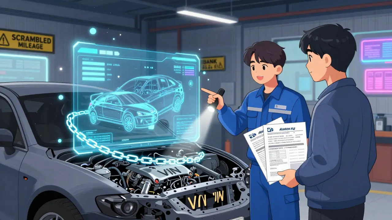 Механик показывает настоящий VIN на кузове, рядом — цифровая история машины в виде голографии.