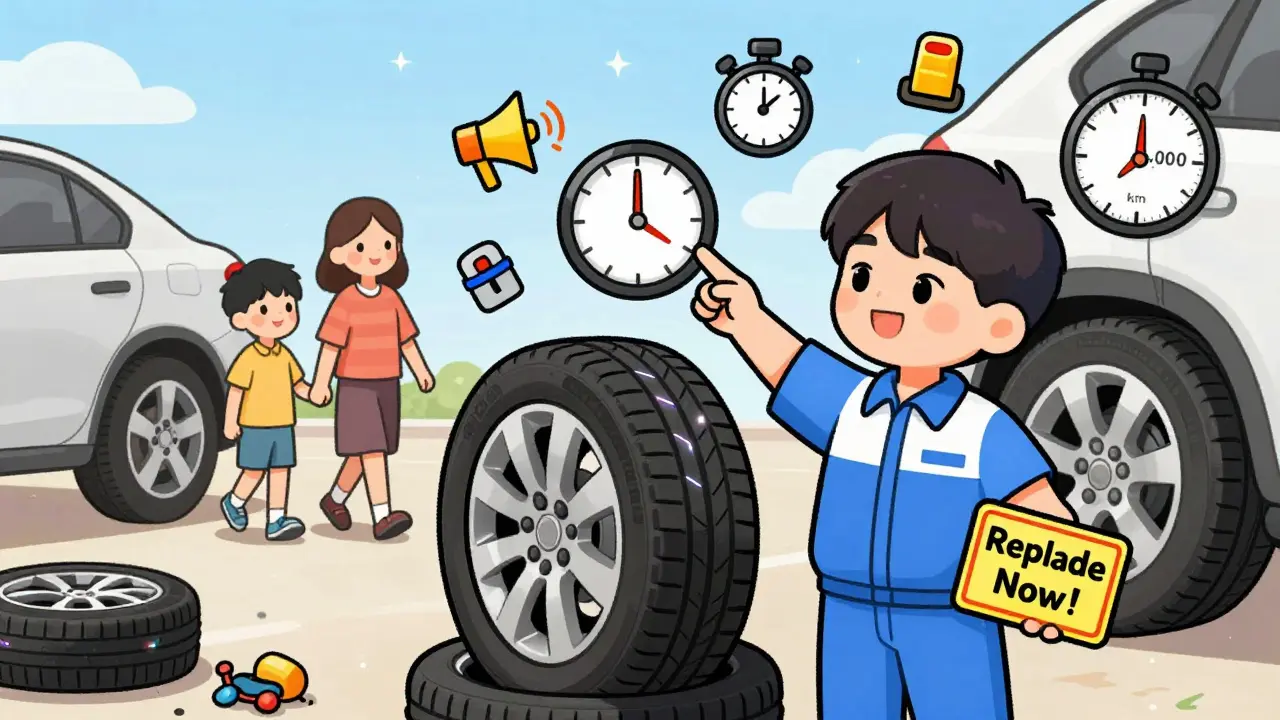 Механик предупреждает о замене шин после 15 000 км, за спиной — семья с новыми покрышками под ясным небом.