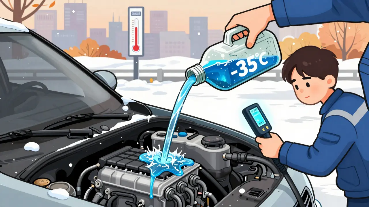 Осенью водитель заливает зимнюю омывающую жидкость, а на фоне — мороз и густеющее масло, проверка плотности антифриза рефрактометром.