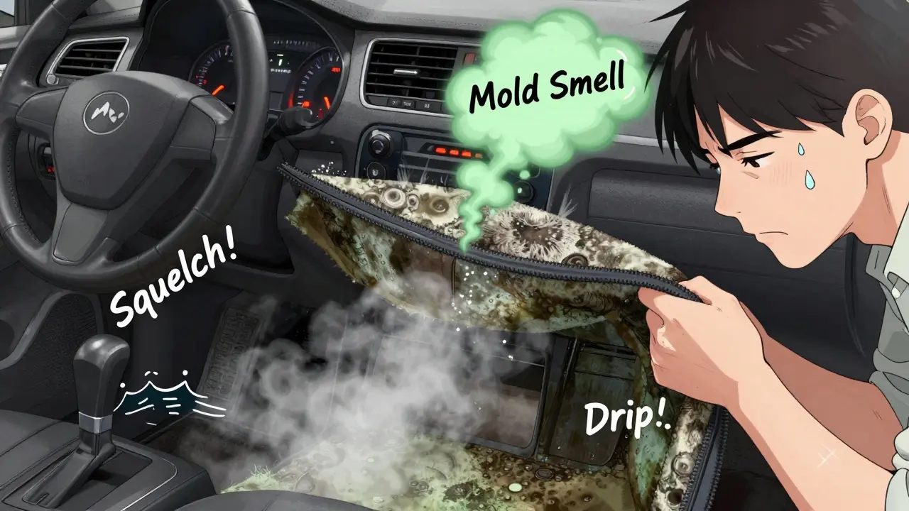 Под ковриком — влажная и плесневелая шумоизоляция, пар поднимается от пола.