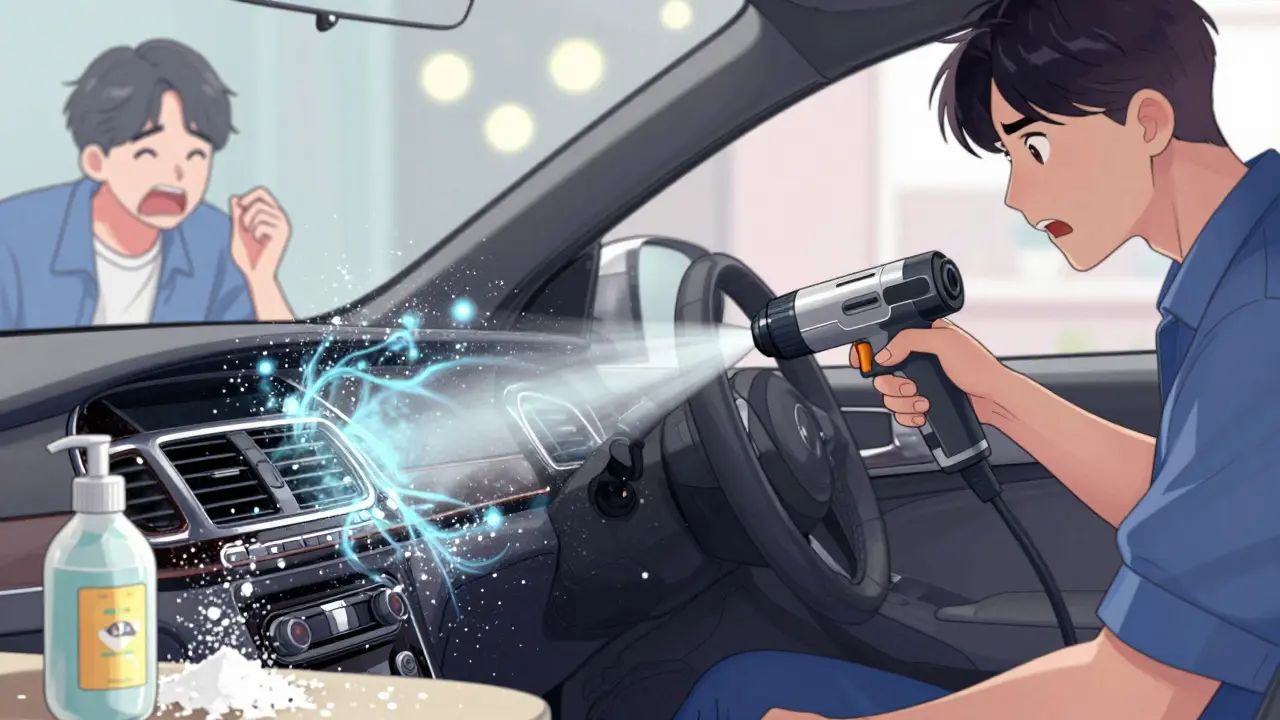 Профессионал распыляет сухой туман в салоне авто, волшебные частицы проникают в швы и вентиляцию.