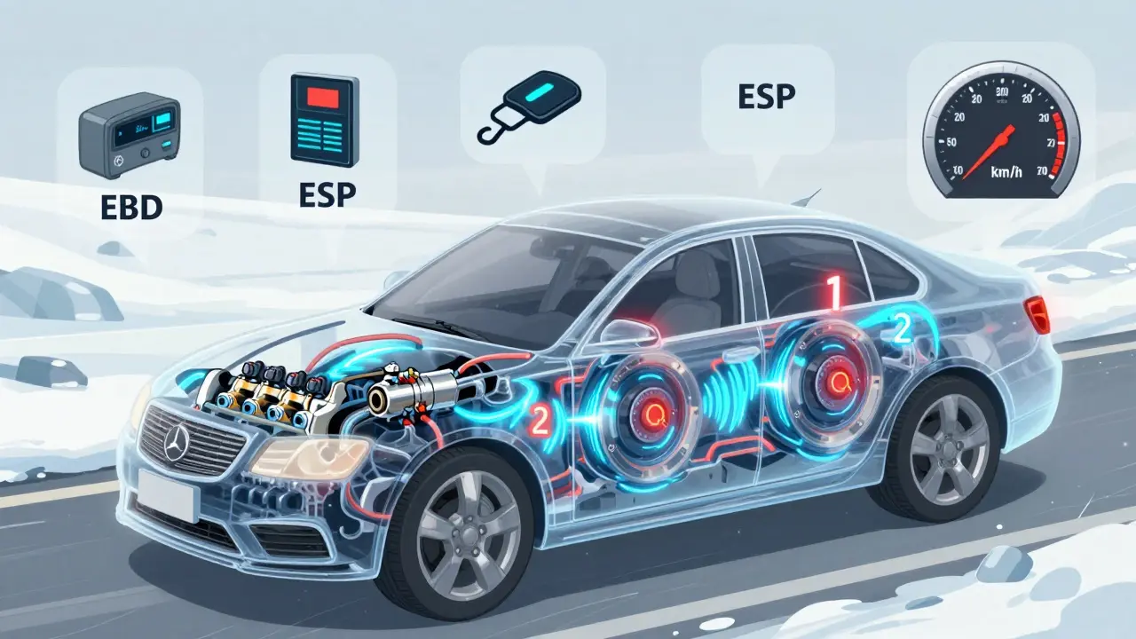 Прозрачный разрез автомобиля, показывающий работу гидравлических клапанов ABS в трех циклах.
