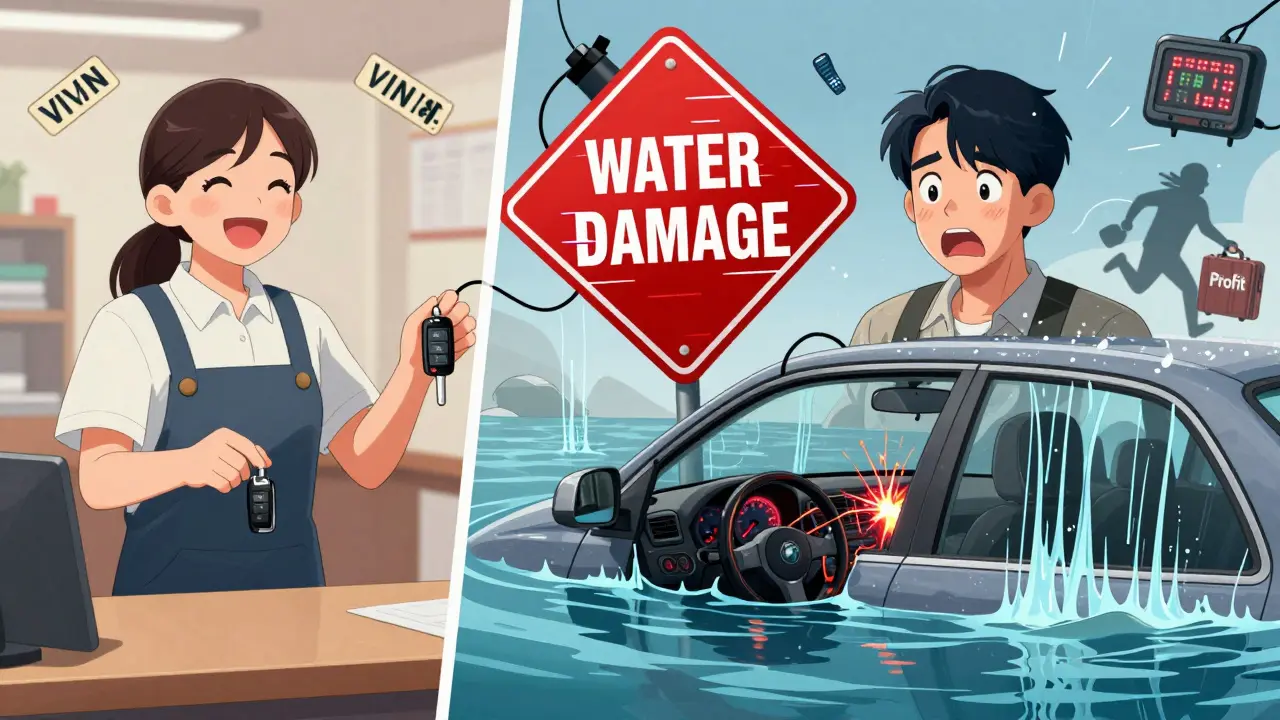 Разделённая сцена: продавец улыбается, а машина тонет в воде с искрами и бомбой.