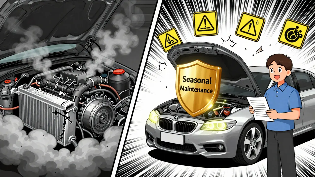 Разделённая сцена: слева — разрушенный двигатель из-за пренебрежения жидкостями, справа — здоровый автомобиль под защитой сезонного обслуживания.
