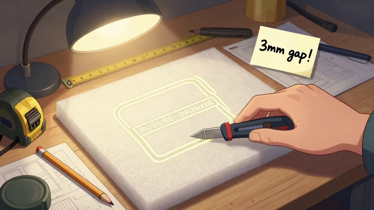 Рука вырезает шумоизоляцию по шаблону на верстаке с рулеткой и карандашом.