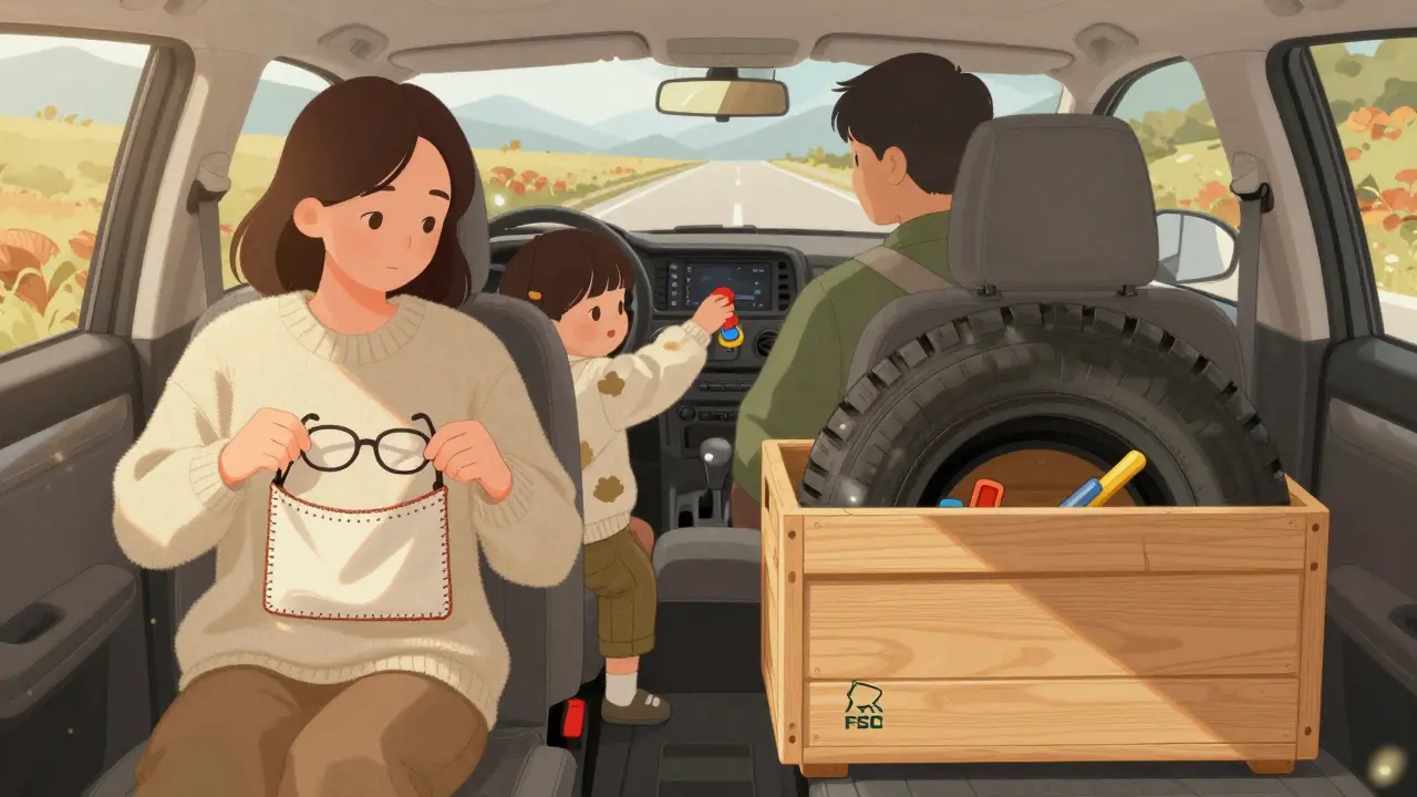 Семья в машине: очки в тканевом кармане, инструменты в деревянном ящике под запаской.