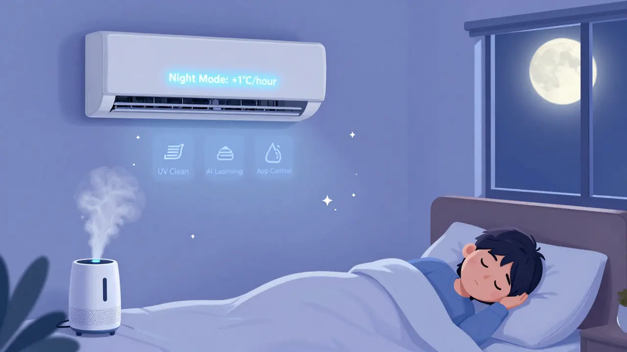Спальня ночью, кондиционер в режиме ночного охлаждения, рядом увлажнитель, человек спит спокойно.