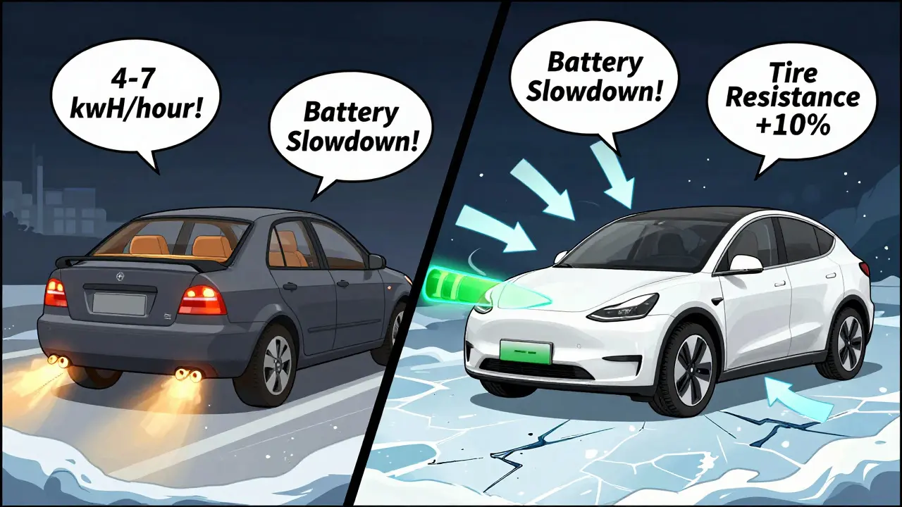 Сравнение: бензиновая машина с естественным теплом и электромобиль, теряющий энергию на обогрев и шины.