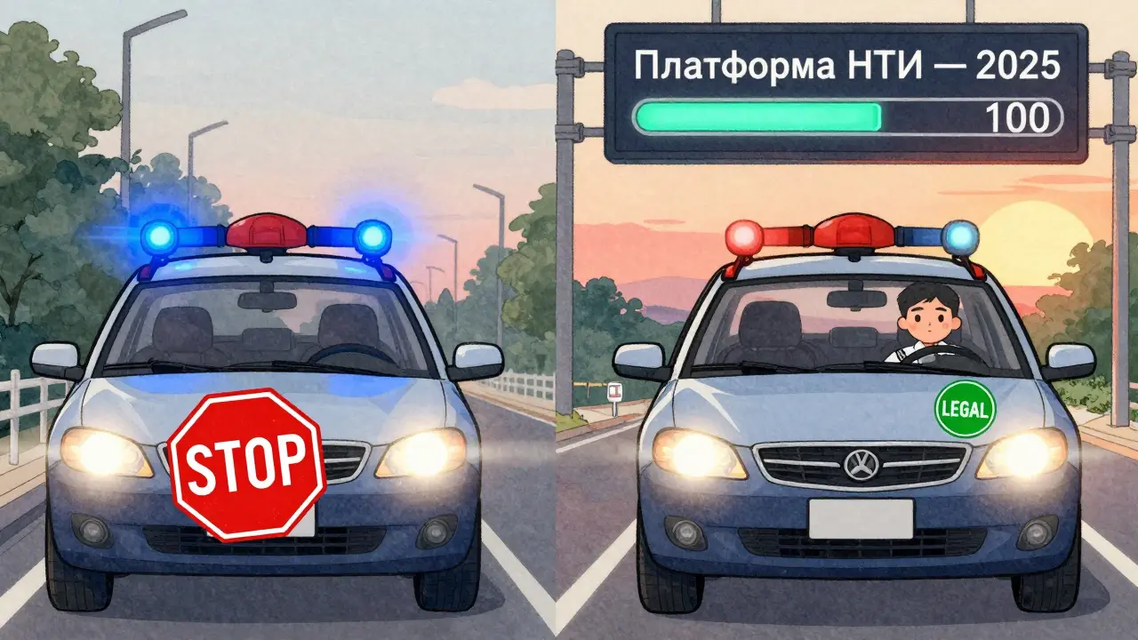 Сравнение нелегального и легального тюнинга фар: слева — запрещённые синие огни, справа — белые заводские ДХО и цифровая платформа НТИ.