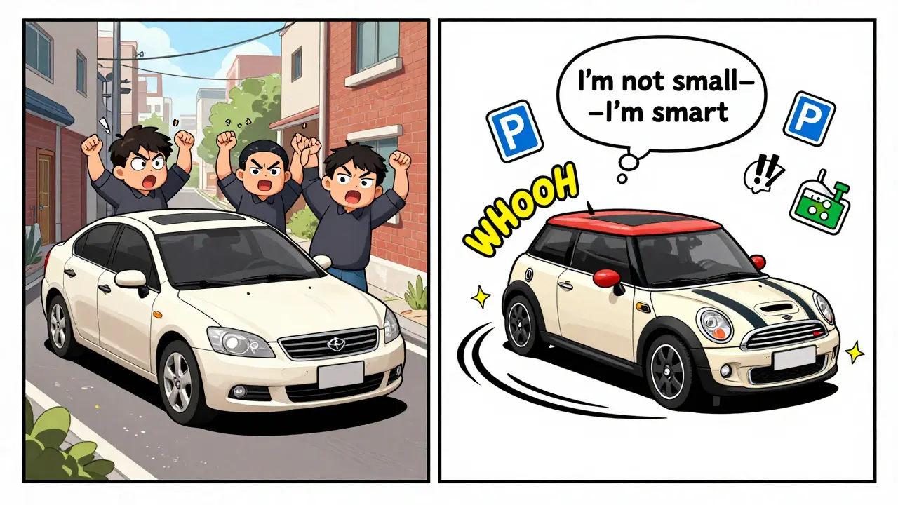 Сравнение: огромный седан застрял в дворе, а Mini Cooper легко разворачивается — иллюстрация в стиле вебтона.