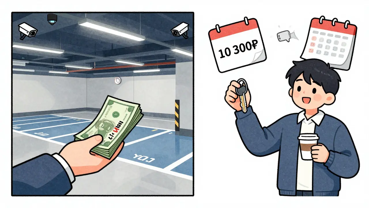 Сравнение покупки и аренды парковочного места: один платит миллионами, другой — получает ключ и кофе.