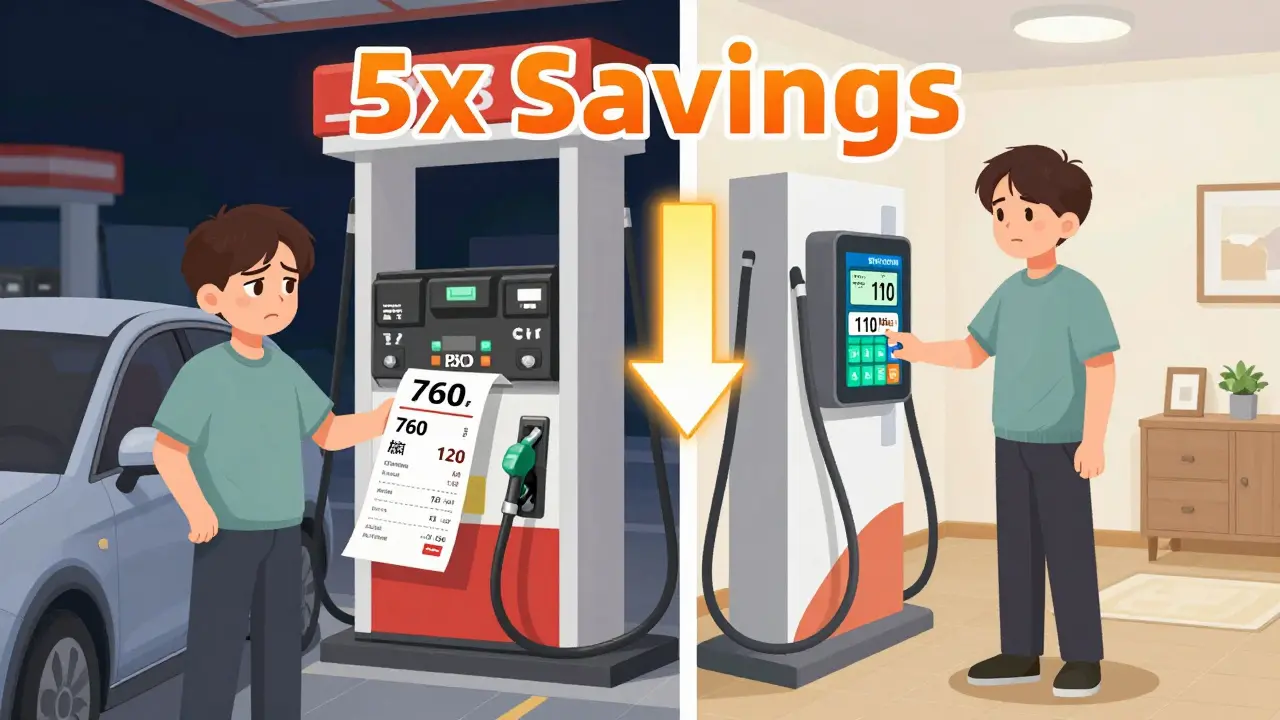 Сравнение расходов: слева — дорогой бензин, справа — дешевая зарядка, цифры показывают экономию в 5 раз.
