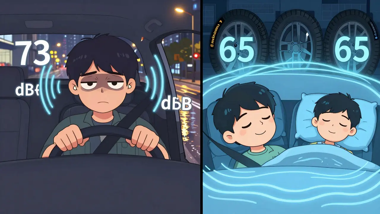 Сравнение шумных и тихих шин: усталый водитель с шумом 73 дБ и спокойный пассажир с шинами 65 дБ в ночном городе.
