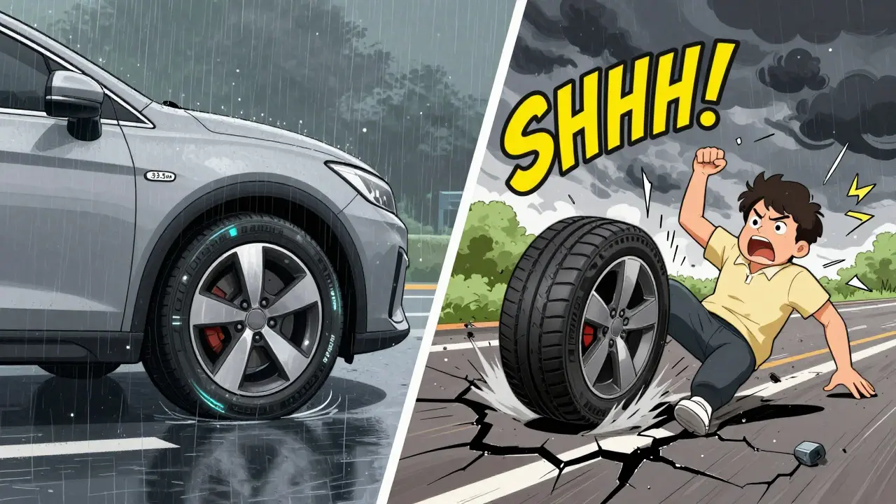 Сравнение тормозного пути: на мокрой дороге премиальная шина останавливается безопасно, бюджетная — теряет контроль.